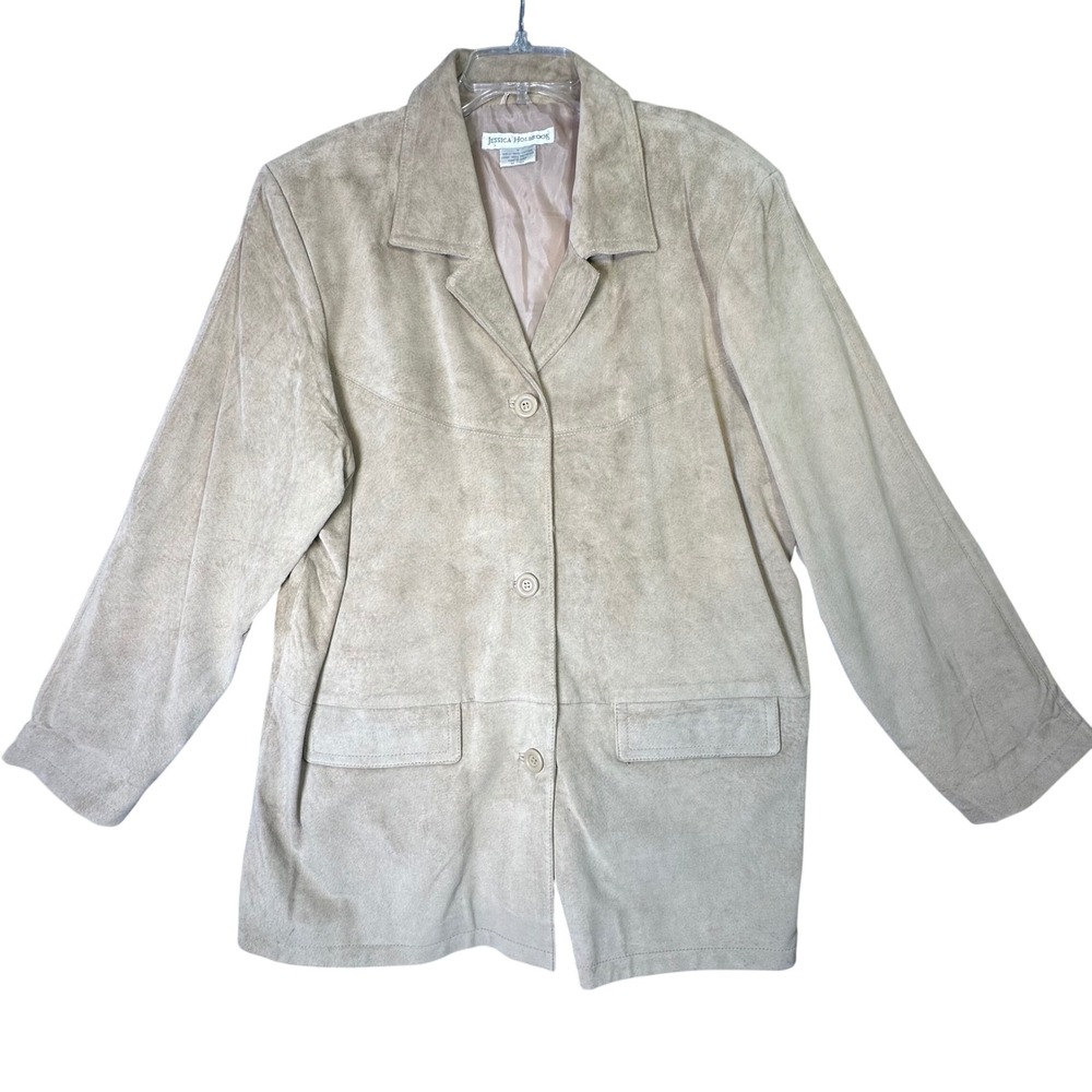 Jessica Holbrook Leather Suede Blazer Jacket Tan Neutral Professional 1X Beige